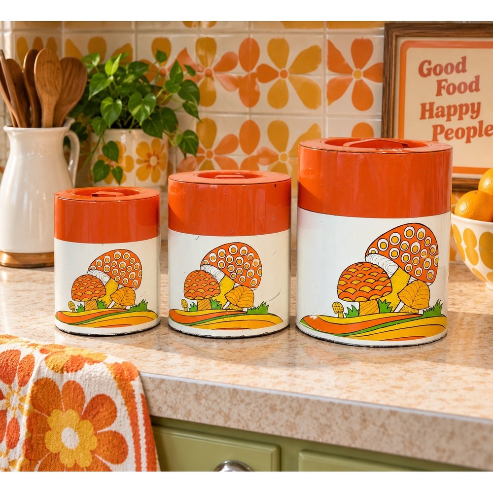 Vintage 70s Mushroom Tin Canister Set 3pc Orange White Retro Made in Japan MCM